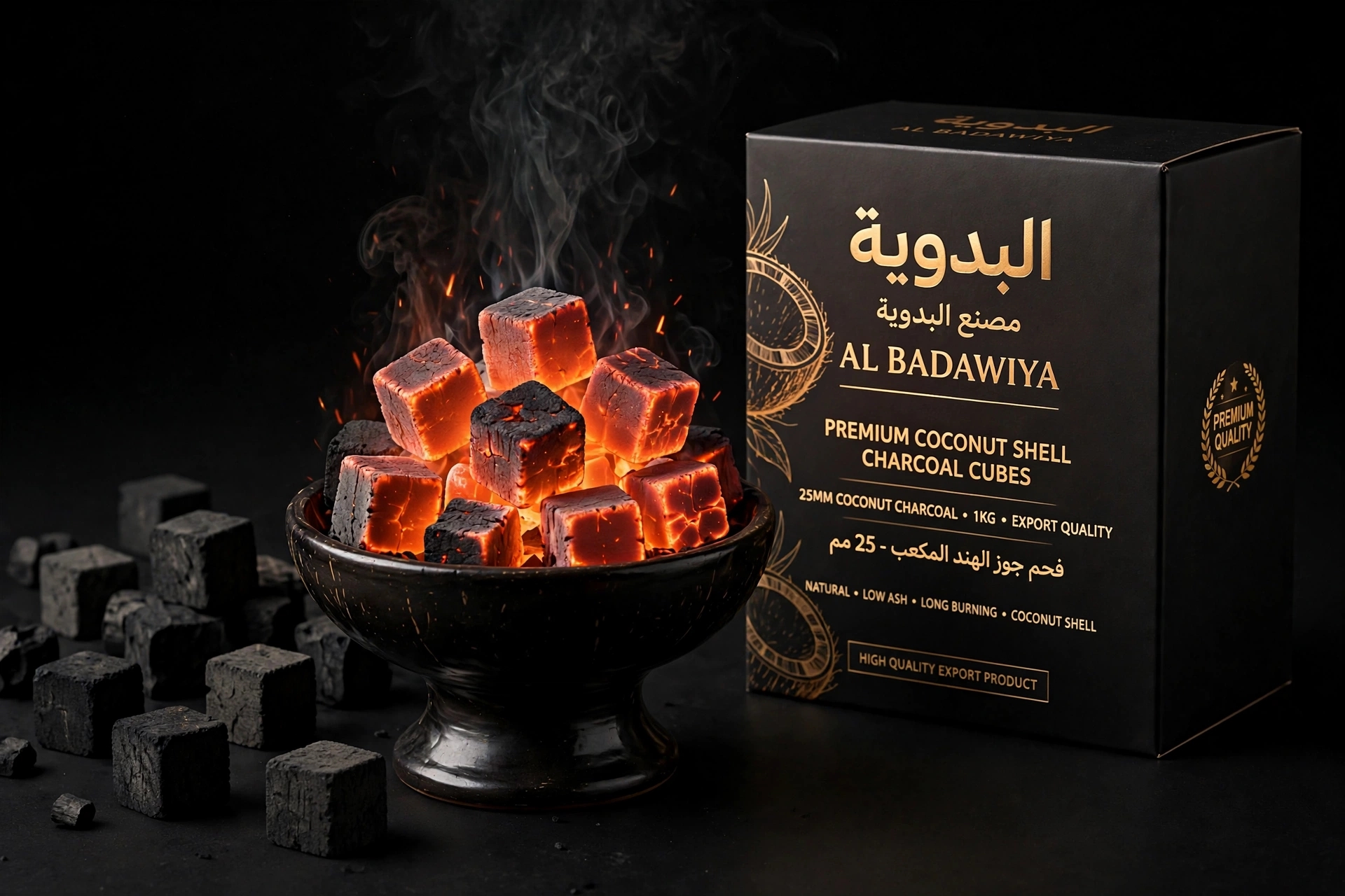 مصنع البدوية لتصدير فحم مكعبات جوز الهند